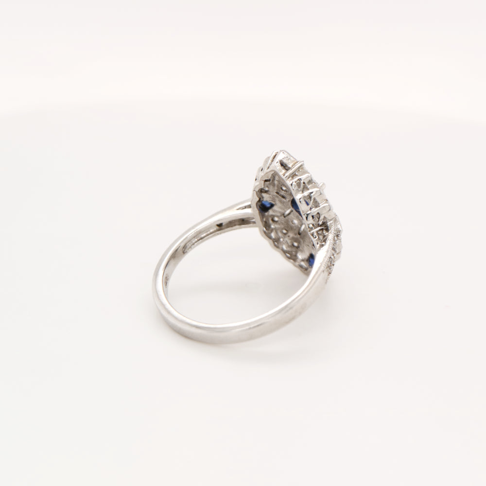 Vintage shield ring with laboratory grown sapphire and cz in sterling silver