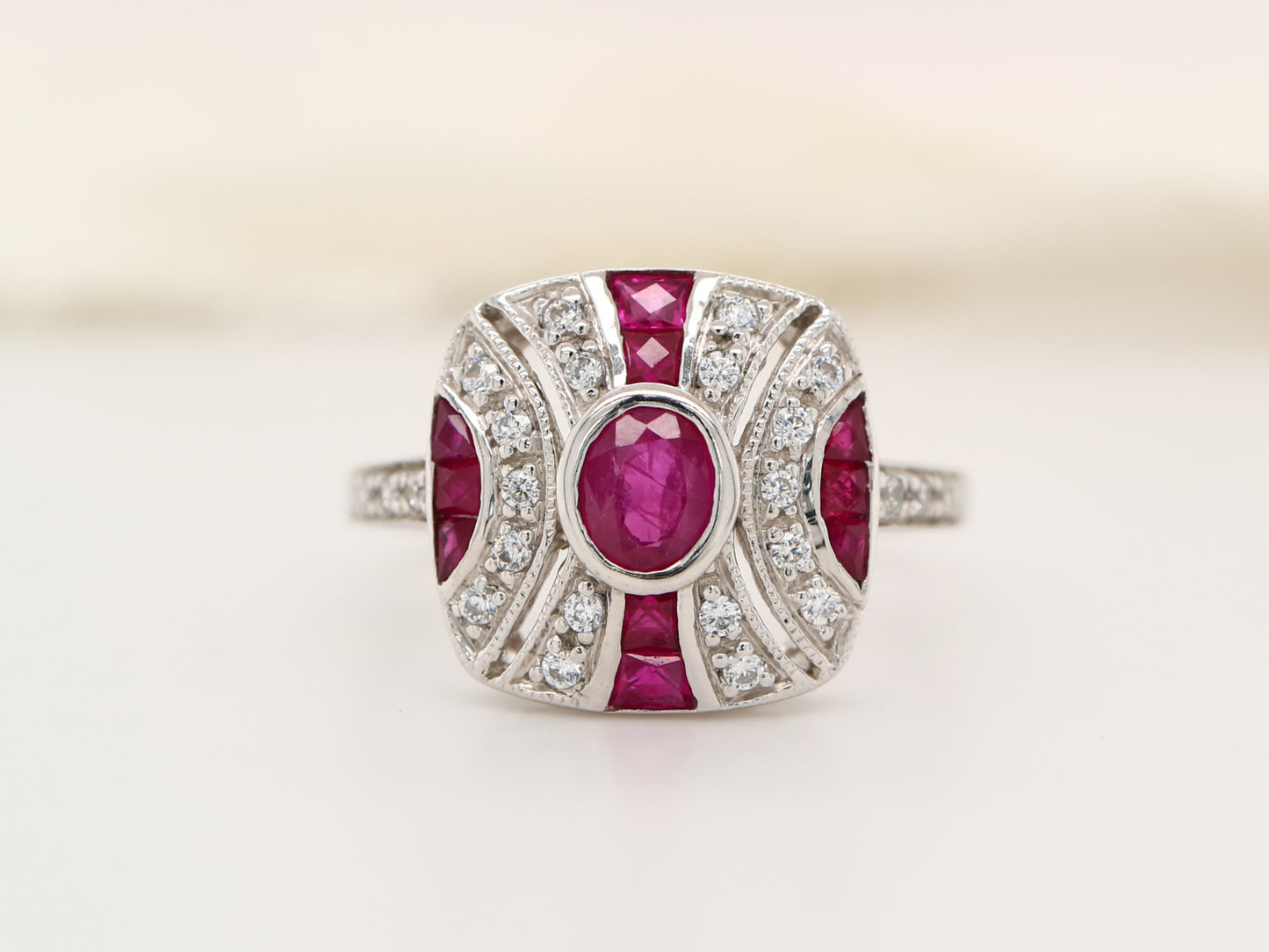 White gold art deco ruby gem cluster ring