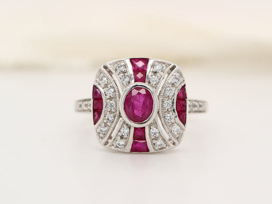 White gold art deco ruby gem cluster ring