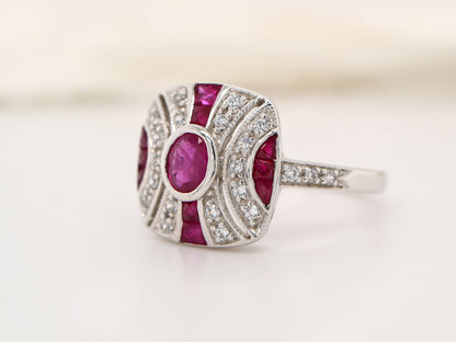White gold art deco ruby gem cluster ring