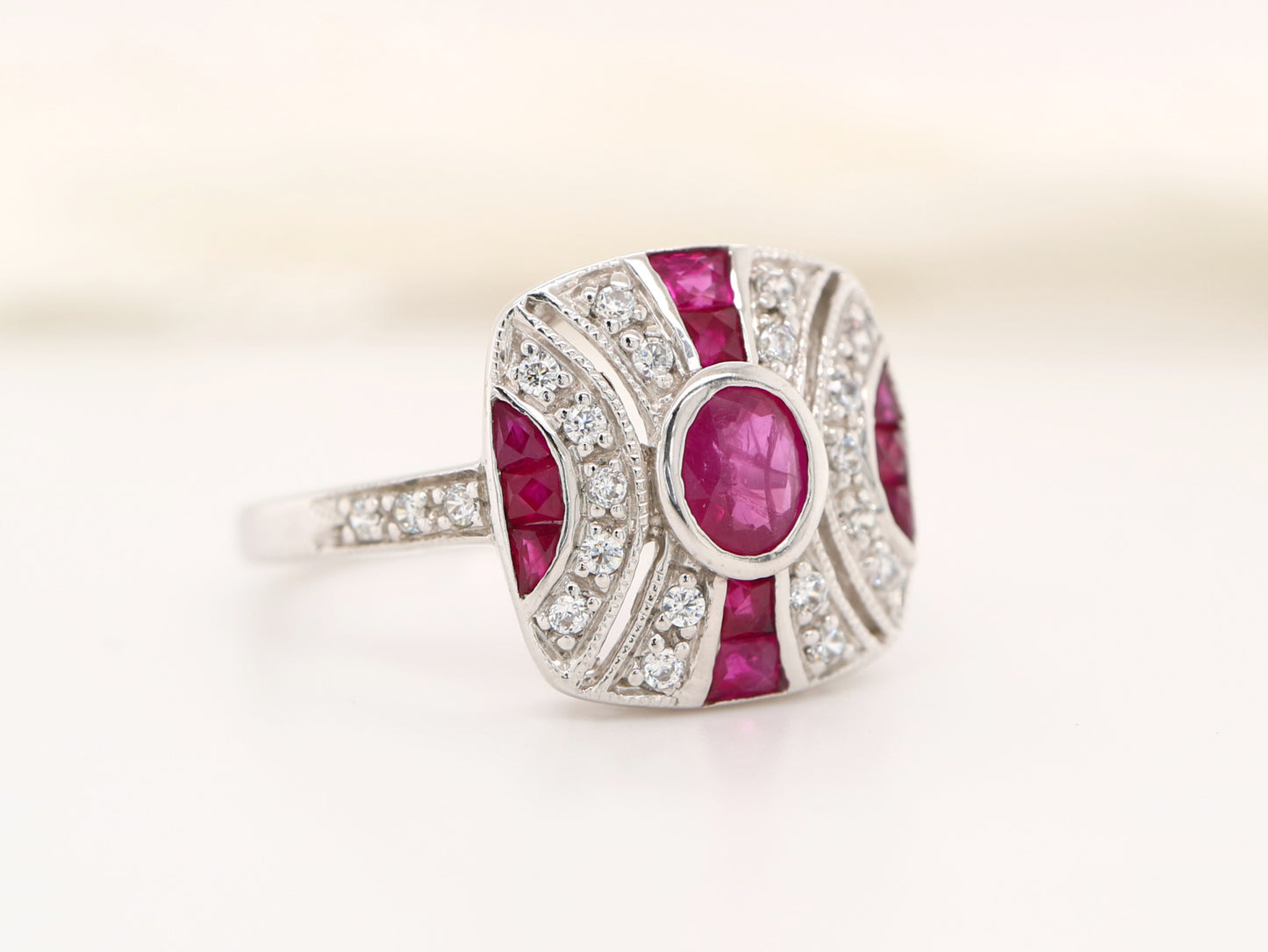 White gold art deco ruby gem cluster ring