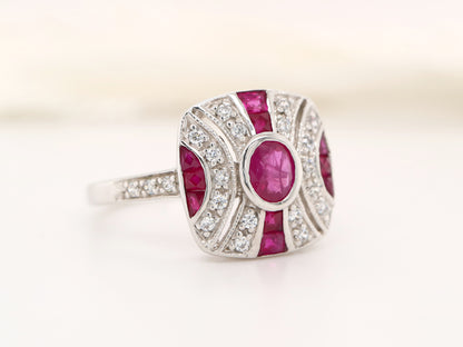 White gold art deco ruby gem cluster ring