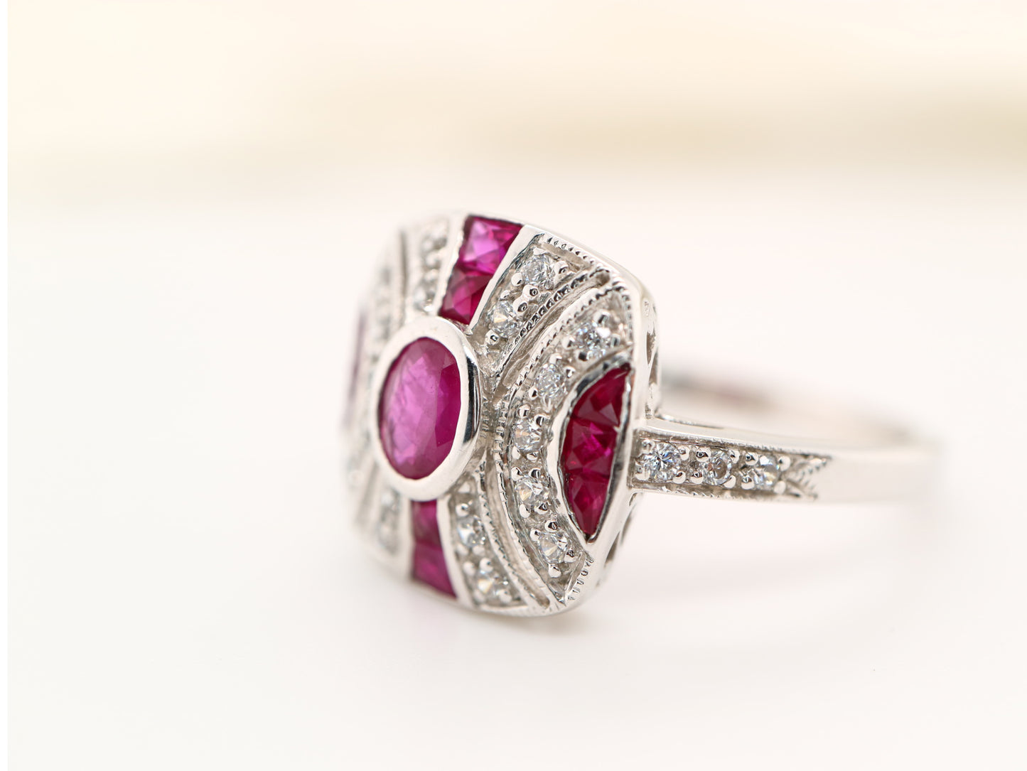 White gold art deco ruby gem cluster ring