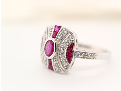 White gold art deco ruby gem cluster ring