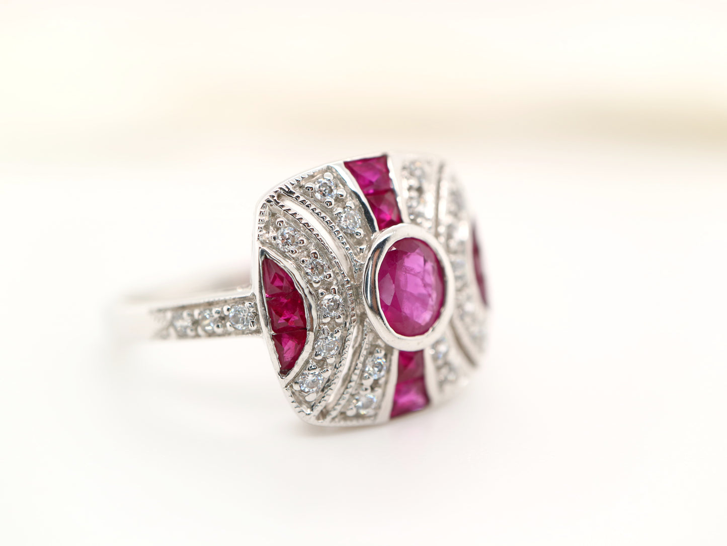 White gold art deco ruby gem cluster ring