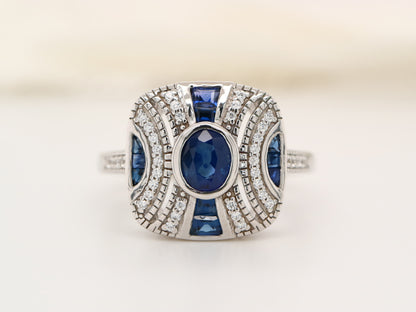 White gold art deco sapphire gem cluster ring