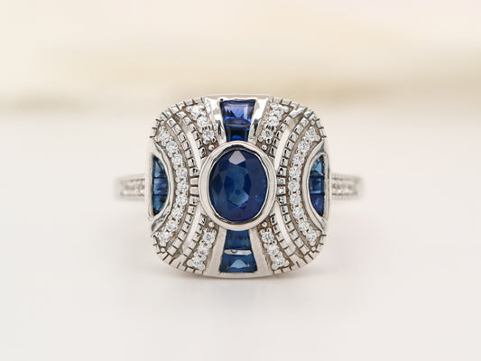White gold art deco sapphire gem cluster ring