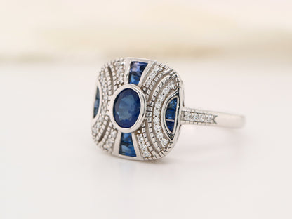 White gold art deco sapphire gem cluster ring