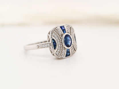 White gold art deco sapphire gem cluster ring