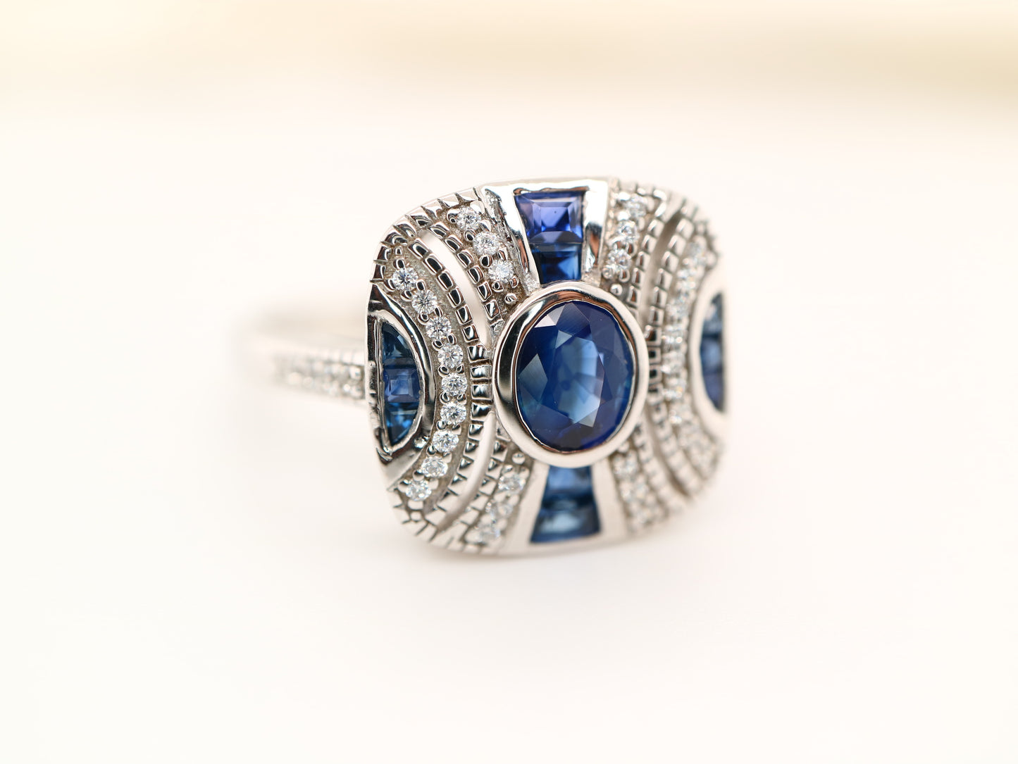 White gold art deco sapphire gem cluster ring