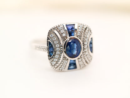 White gold art deco sapphire gem cluster ring
