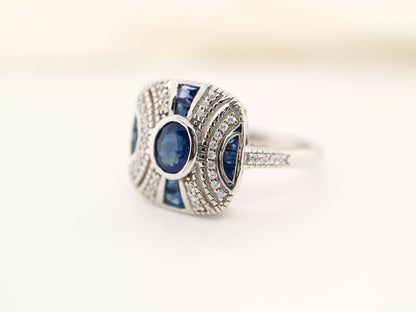 White gold art deco sapphire gem cluster ring