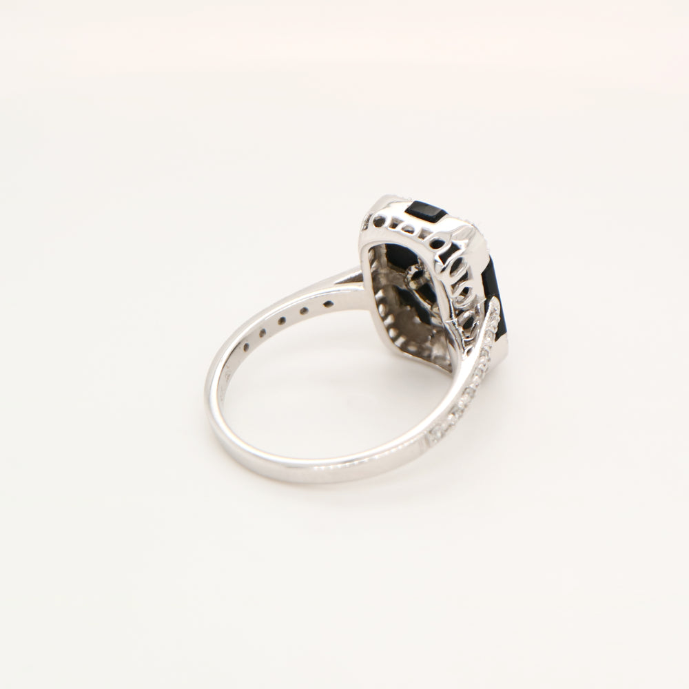 Art deco step cut ring with onyx and diamond in white gold