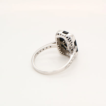 Art deco step cut ring with onyx and diamond in white gold
