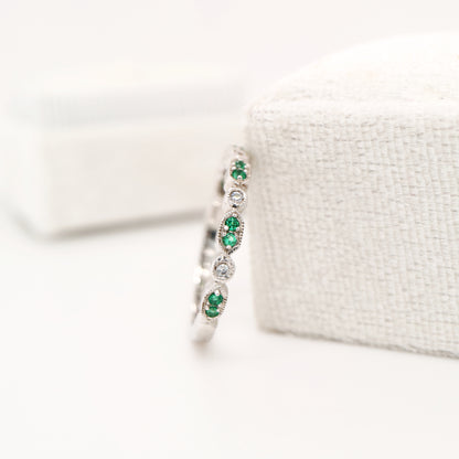 Paired laboratory grown emerald celebration band with cz in sterling silver