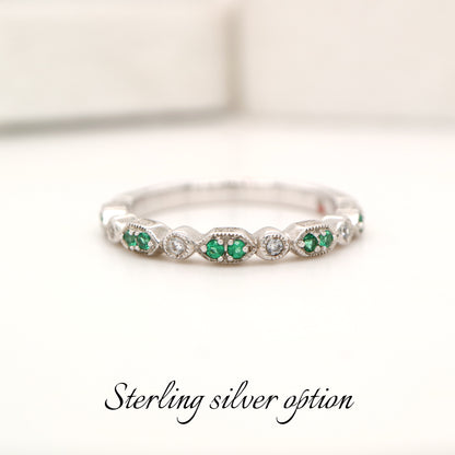 Paired laboratory grown emerald celebration band with cz in sterling silver