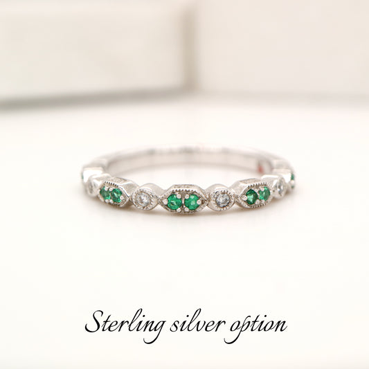 Paired laboratory grown emerald celebration band with cz in sterling silver