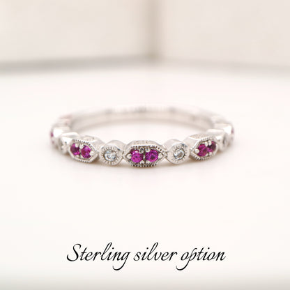 Paired ruby celebration band with cz in sterling silver