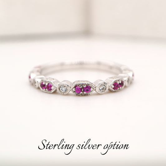 Paired ruby celebration band with cz in sterling silver