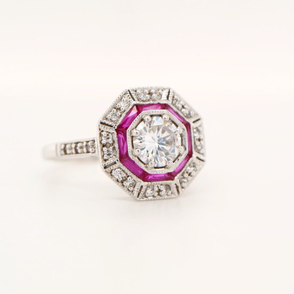 Cz with double halo of laboratory grown ruby and cz in sterling silver