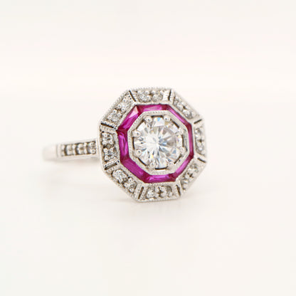 Cz with double halo of laboratory grown ruby and cz in sterling silver