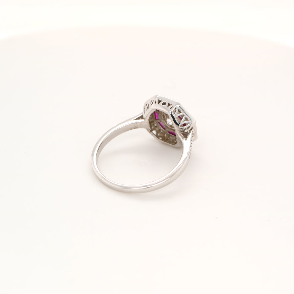 Cz with double halo of laboratory grown ruby and cz in sterling silver