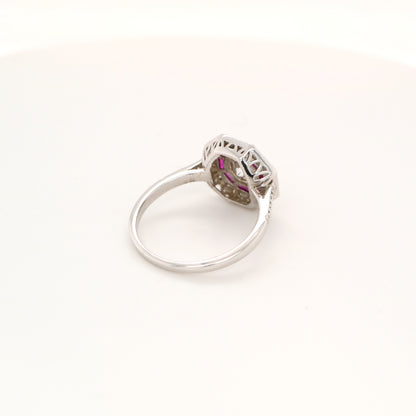 Cz with double halo of laboratory grown ruby and cz in sterling silver