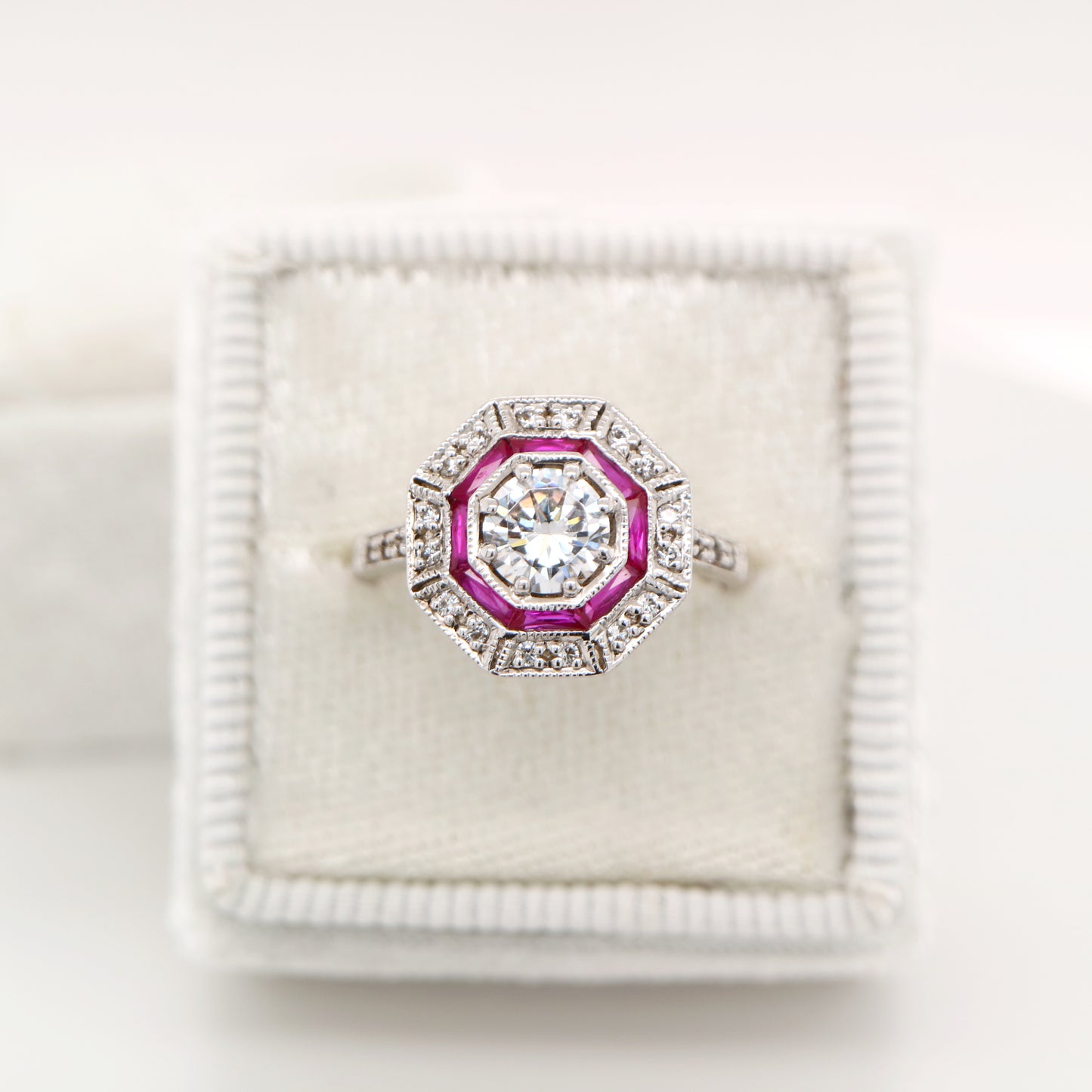 Cz with double halo of laboratory grown ruby and cz in sterling silver