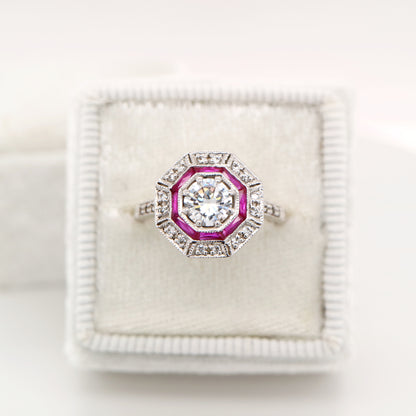 Cz with double halo of laboratory grown ruby and cz in sterling silver