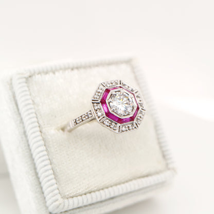 Cz with double halo of laboratory grown ruby and cz in sterling silver