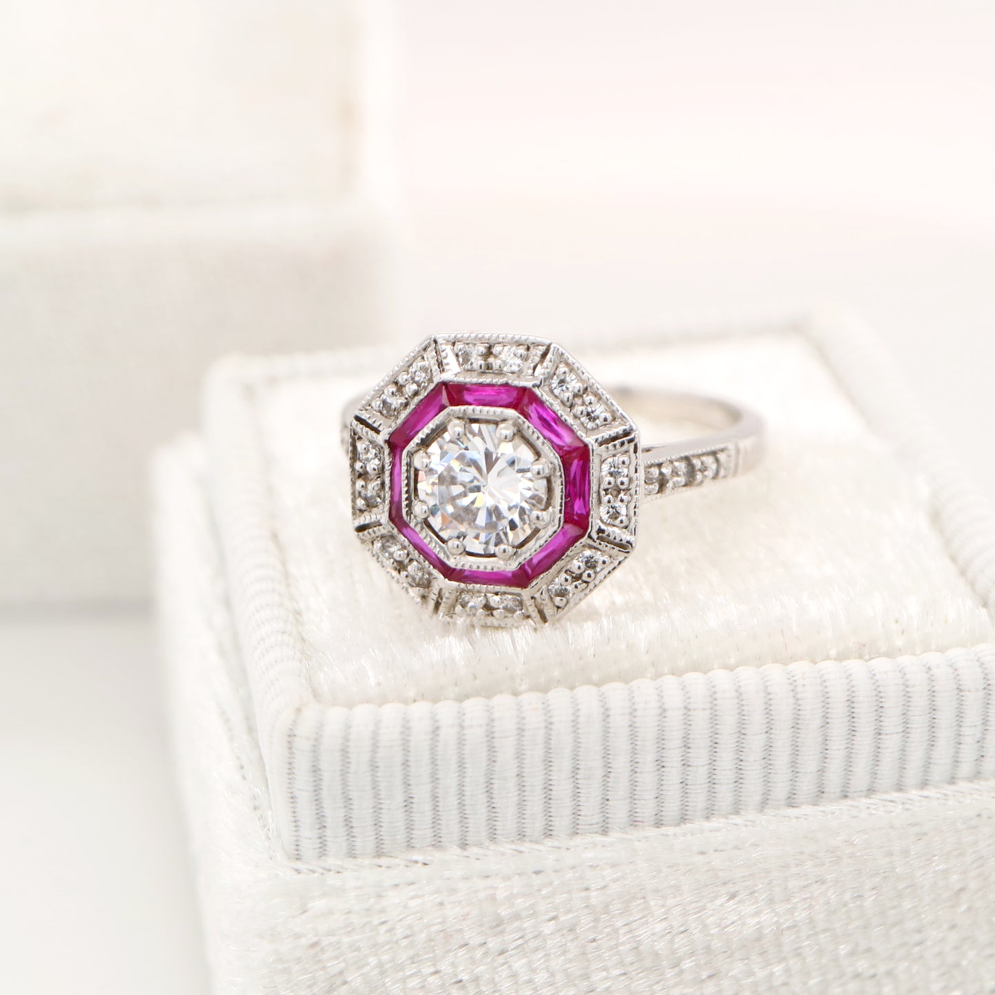 Cz with double halo of laboratory grown ruby and cz in sterling silver