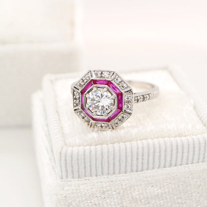 Cz with double halo of laboratory grown ruby and cz in sterling silver
