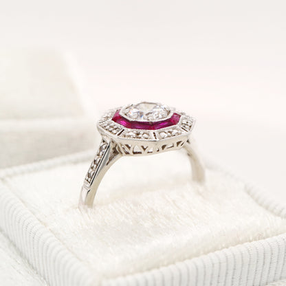 Cz with double halo of laboratory grown ruby and cz in sterling silver