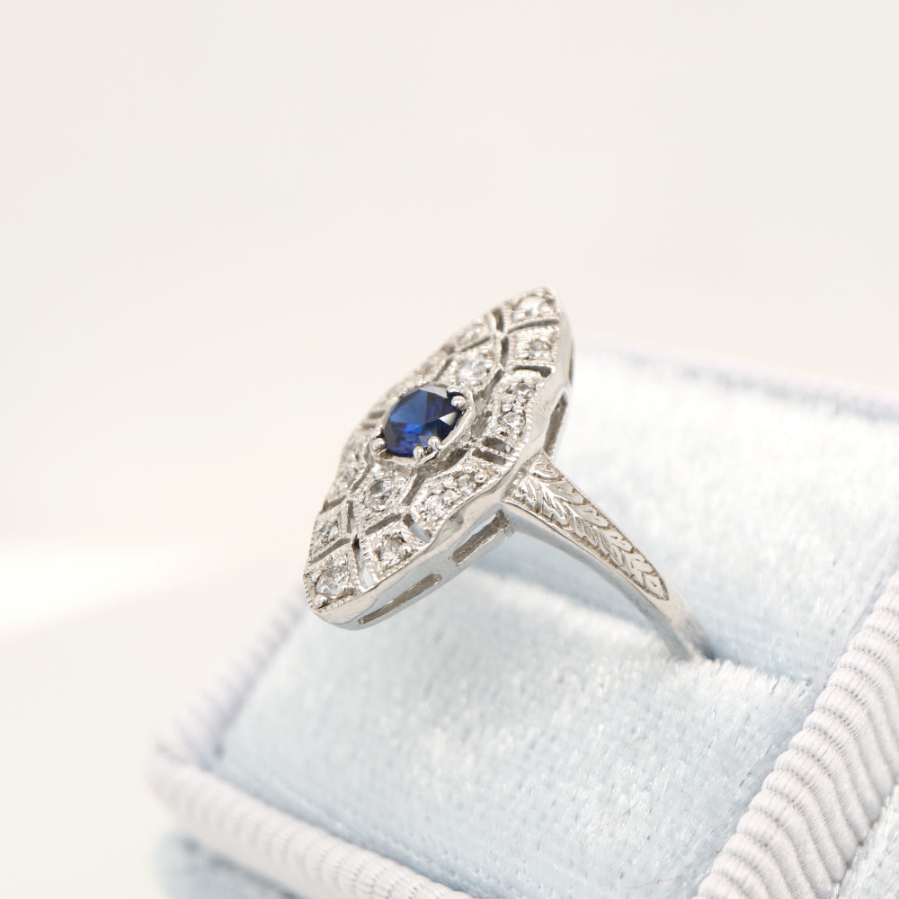 Art deco shield ring with laboratory grown sapphire and cz in sterling silver