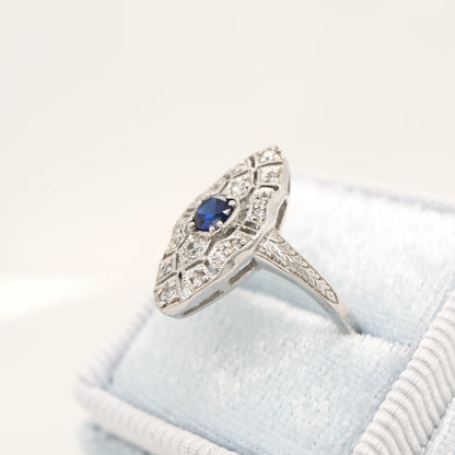 Art deco shield ring with laboratory grown sapphire and cz in sterling silver