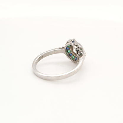Diamond, emerald and sapphire target ring in white gold