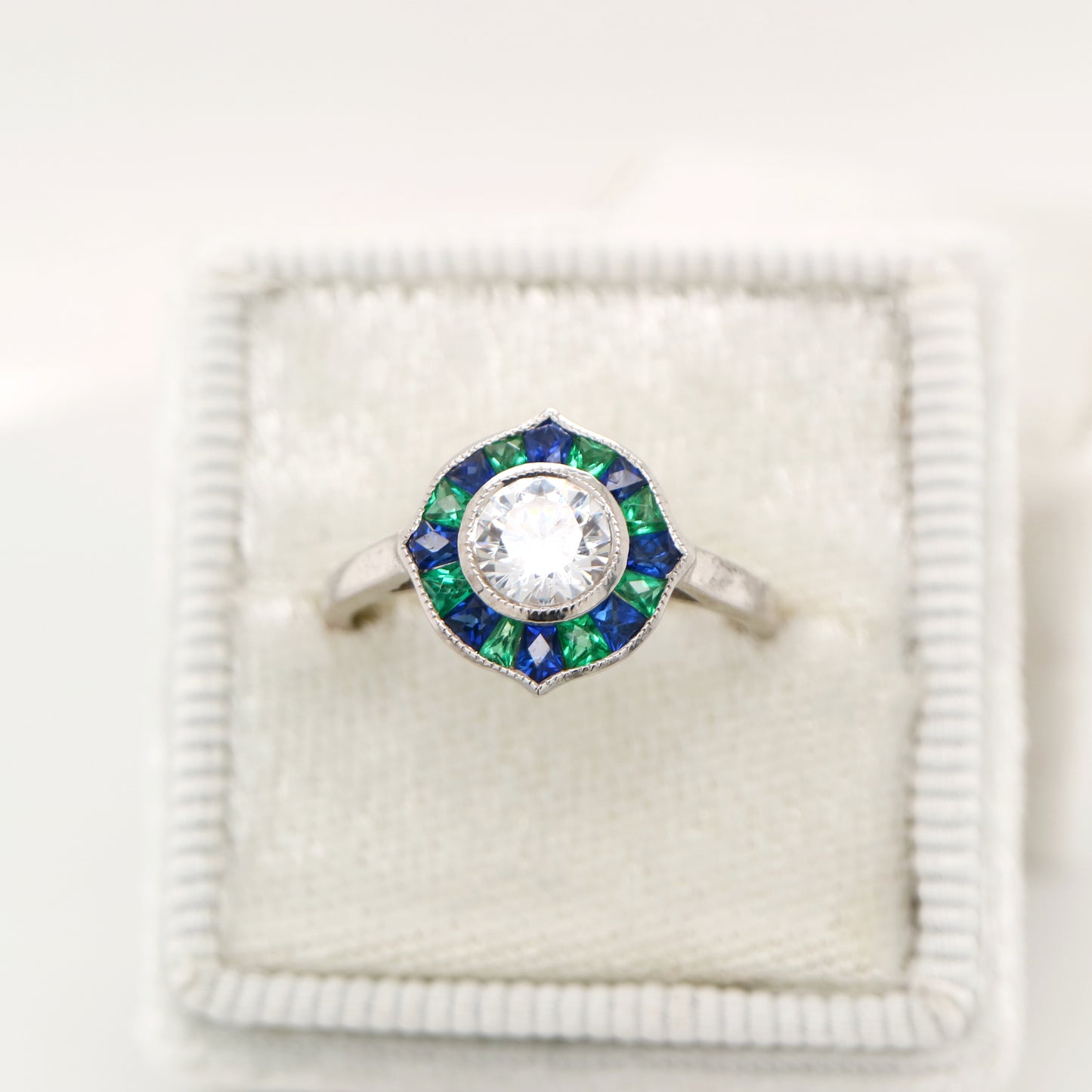 Diamond, emerald and sapphire target ring in white gold