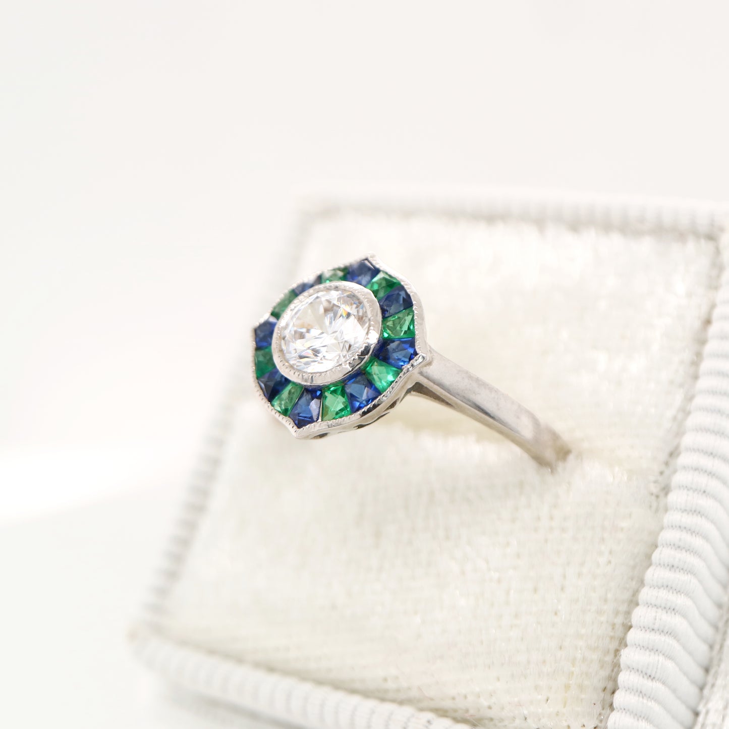 Diamond, emerald and sapphire target ring in white gold