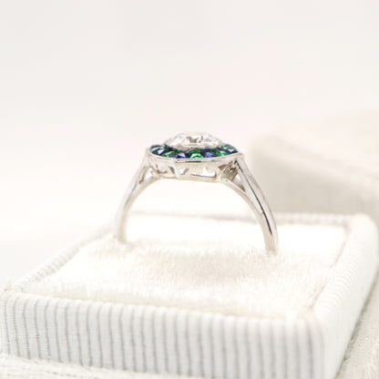 Diamond, emerald and sapphire target ring in white gold