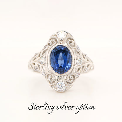 Cocktail ring with Verneuil sapphire with cz in sterling silver