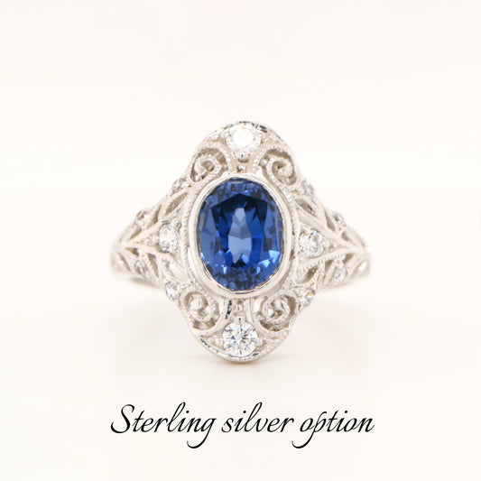 Cocktail ring with Verneuil sapphire with cz in sterling silver