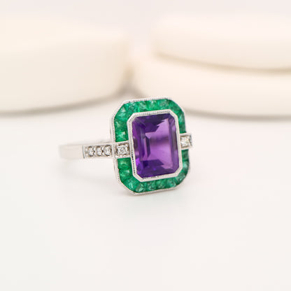 Amethyst and emerald cocktail ring in white gold with diamonds