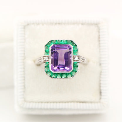 Amethyst and emerald cocktail ring in white gold with diamonds