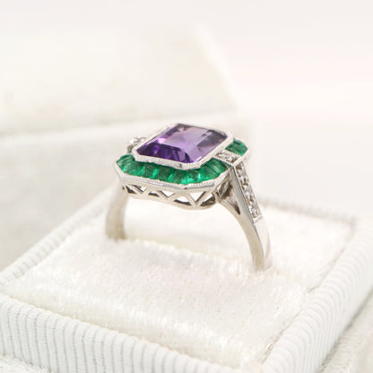 Amethyst and emerald cocktail ring in white gold with diamonds