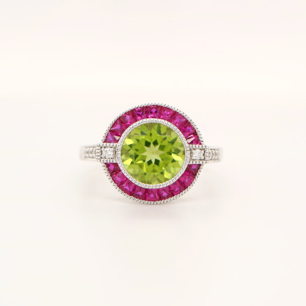 Peridot ruby diamond halo cocktail ring in white gold