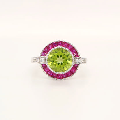 Peridot ruby diamond halo cocktail ring in white gold