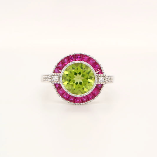 Peridot ruby diamond halo cocktail ring in white gold