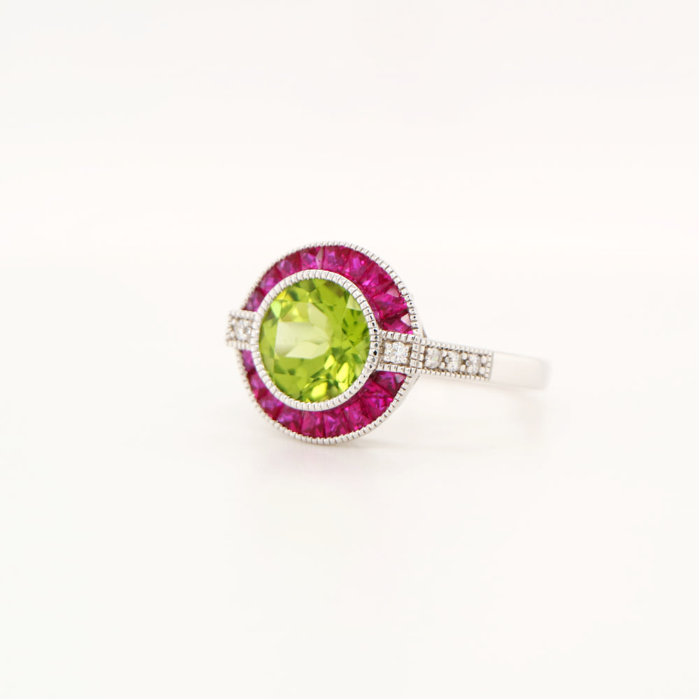 Peridot ruby diamond halo cocktail ring in white gold
