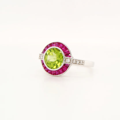 Peridot ruby diamond halo cocktail ring in white gold