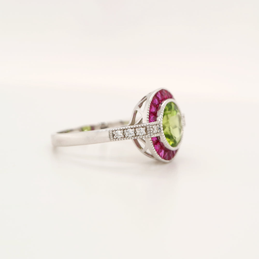 Peridot ruby diamond halo cocktail ring in white gold